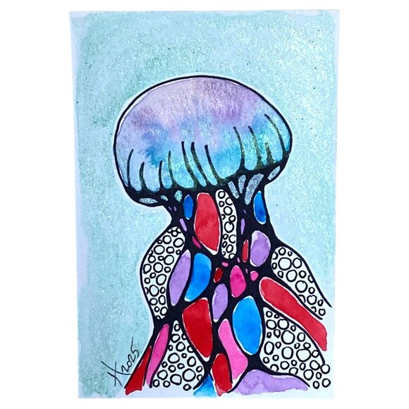 Neuro Jelly Original Wall Art Jellyfish Neurographic Watercolor Painting 4x6in - Picture 4 of 5